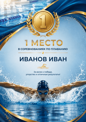 Пример грамоты за 1-е место в соревнованиях по плаванию, созданный на Wilda